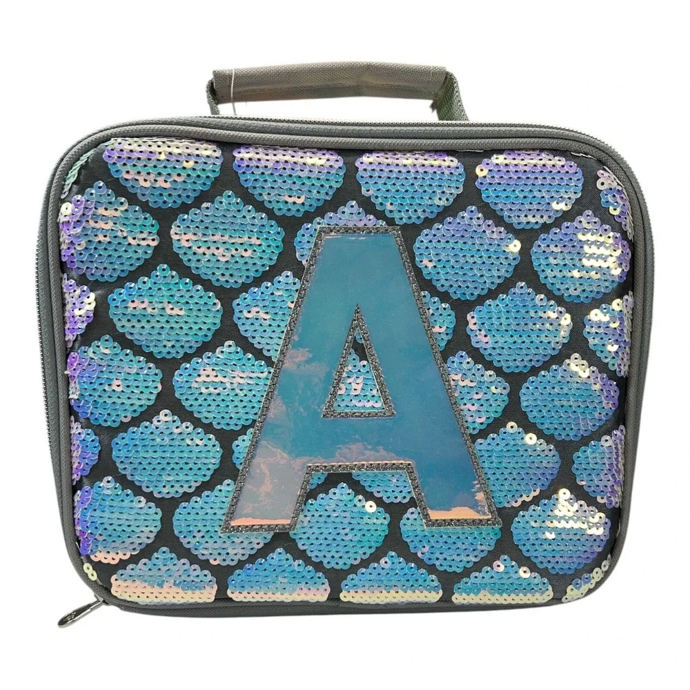 Justice Initial A Sequin Lunch Box Gray‎ Blue Iridescent New